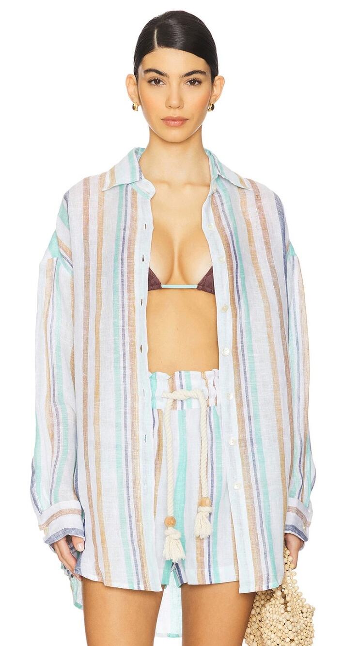 Blue Tan Vitamin A Playa Linen Oversized Boyfriend Shirt Cover Up XS